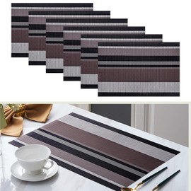 Elistonie Washable Placemats, Set of 6, Striped Vinyl Dining Mat, Place Mat, Wipe Clean Placemats for Kitchen, Tear-Resistant, Heat Resistant, Non-Slip Placemats for Dining Table (Black and Grey)