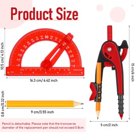 Zonon Student Protractor and Compass Set, Student Geometry Math Set Drawing Compass and 180 Degree 6 Inch Protractor with Swing Arm for Drawing Measuring School Office(Red)