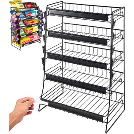 Candy Display Rack Countertop, 5 Tier Snack Organizer for Stores, Candy Stand Chip Rack & Snack Stand for Counter, Concession Stand Black Metal Snack Shelf for Retail Movie Theatre Kitchen Office
