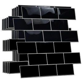 WALPLUS Upgrade Thicker 3D Tile Stickers Peel and Stick Backsplash Splashback Decals Tile Transfer for Kitchen Bathroom Living Room Stick on Tile Waterproof Black Metro Subway 20pcs 15.4x30.5cm