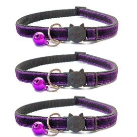 Velvet Cat Collars with Bell. Safe Breakaway Quick Release Buckle. Available in Cat & Kitten Size (Pack of 3) (Cat Collar (20cm - 30cm), Deep Purple Velvet (Pack of 3))