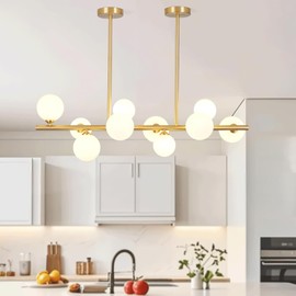 BOKT 37" Modern Gold Globe Sputnik Chandelier Mid Century Brass Linear Chandelier 10-Lights Frosted White Glass Ball Pendant Light Ceiling Lamp Dining Light Fixture Over Table