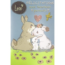 Afie 66-1155 Congratulations to Happy Parents Baby Boy Girl Love Glitter Heart Pink Couple Dad Mum Rabbits Bird Cute Animals Made in France