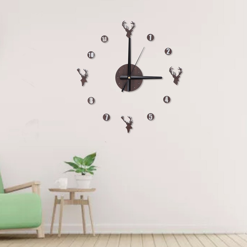Frameless Wall Clock Deer Head 3D Effect Self Adhesive DIY