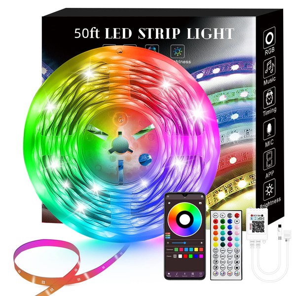 50FT Smart LED Strip Lights, Sync to Music with 40 Key Remote Controller，Lighting Strips with App Control LED Lights for Bedroom,Christmas Lights decration (Multi-Colored, 50FT)