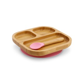 GREENBOX Bamboo Plate Set Square I Suction Cup Plate with Spoon - FSC Certified I Cute Bamboo Wooden Bowl Set Toddler - Children's Plate & Snack Bowl I Baby Bamboo Tableware Square Pink