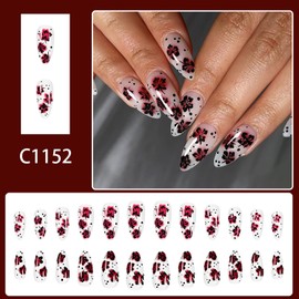 FIEONCIY Press on Almond Nails Medium Length Glossy Acrylic Almond Shaped False Nails with Designs Artificial Medium Fake Nails with Charms Glue Stick on Fingernails for Women Girls(C1152)