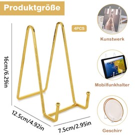 Iron Display Stand, Pack of 4 6 Inch Metal Plate Stand Easel, Display Stand, Metal Plate Stand Easel, Plate Holder Display Stand for Photo Art Plates Books Picture Tabletop (Golden)