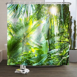 Xiaoterna Spring Shower Curtain Tropical Rainforest Lush Green Leaves in Jungle Bath Curtain Jungle Sunrise Waterproof Shower Curtain Machine Washable Waterproof Fabric 180 x 180 cm
