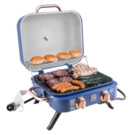 Kenmore Portable Propane Gas Grill - Tabletop BBQ Grill with Warming Rack, 2 Stainless Steel Burners with 14,000 BTUs, for Outdoor Kitchen, Camping, Navy & Copper