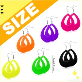 Yinkin 6 Pairs 80s 90s Neon Earrings for Women Retro Geometry Pendant Hoop Drop Dangle for 80's Outfit Glow Party Accessories(Teardrop)