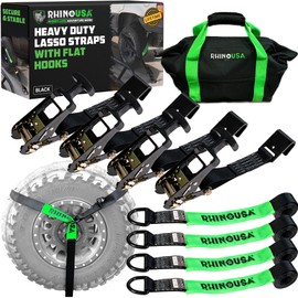 Rhino USA Car Tie Down Straps with Flat Hooks – 4 Pack 2" x8' – 10,000lbs Break Strength – Heavy Duty T-Handle Car Hauler Tire Lasso Wheel Straps for Trailers, UTV & Powersports – Black