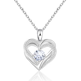 Mesovor Silver Double Heart Necklace for Women, Sterling Silver Plated Jewelry | Love Pendant Necklace with Sparkling Cubic Zirconia, Gifts for Wife Mom Her (Love-Silver)
