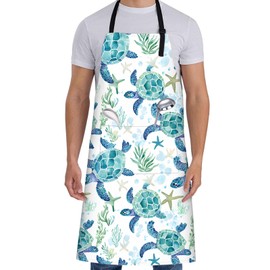 ainori Sea Turtle Apron for Women with Ocean,28x33in,Starfish Kitchen Aprons with 2 Pockets,Oxford Fabric,Coral Adjustable Apron for Cooking Baking Gardening Beach Chef,Gifts for Mom Wife