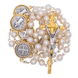 Pearlesque Catholic Rosary with Medals | St. Benedict, St. Francis St. Michael, Sacred Heart, or Our Lady of Guadalupe | Great Gift for First Communion and Confirmation (Saint Benedict)