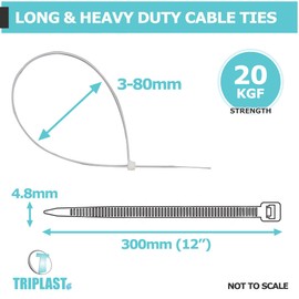 Triplast Essential Natural White Cable Ties - Pack of 200 x 12" Heavy Duty Zip Ties (300mm x 4.8mm) - Self Locking & Anti-Slip Nylon Plastic Tie Wraps for Cable Management & Indoor/Outdoor Use