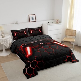 Gaming Comforter for Boys Teen Gamer Comforter Set,Game Contoller Bedding Home Decor for Kids Men Video Game Bed Set,Neon Lights Gamepad Duvet Set,Red Grey Hexagon Honeycomb Bedding Lightweight,Twin
