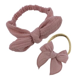 Original Cotton Gauze Headband for Newborn Toddler Infant Baby Girl Kids Muslin Cotton Hair Bow Elastic Bands Turban Headbands (2 pcs Dusty Pink)