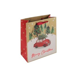 Eurowrap Brown Kraft Paper Merry Christmas Car Design Gift Bag with Gift Tag - Medium - Eco Friendly Fully Recyclable - Gift Bag for Christmas, Gift Wrap, Xmas, Festive Gift Bag