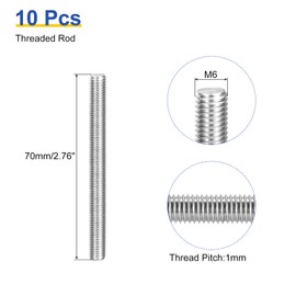 sourcing map 10Pcs M6 x 70mm Fully Threaded Rod 304 Stainless Steel Right Hand Threads Bar Studs for Anchors Bolts, Clamps, Hangers and U-Bolts, 1 Thread Pitch