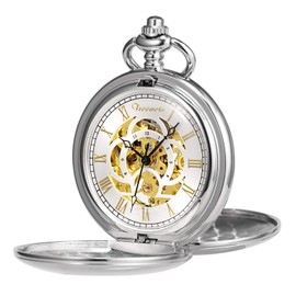 TREEWETO Pocket Watch Classic Smooth Double Case Mechanical Pocket Watches Steampunk Roman Numerals Fob Watch for Men Women with Chain + Gift Box