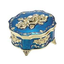 SUMNACON Metal Music Box Musical Jewelry Holder Keepsake Case, Blue Gold Vintage Musical Box Organizer Polygon Shape Rose Embossed Decorative Organizer for Birthday Wedding (Tune:You Are My Sunshine)