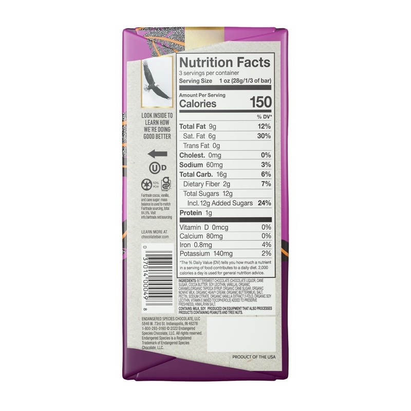 Endangered Species, Dark Chocolate Sea Salt Caramel Bar, 3 oz