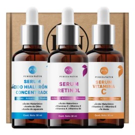 PUREZA NATUR Kit Serum facial Acido Hialurónico, Vitamina C y Retinol anti edad | Paquete completo de serum para el cuidado de la piel, hidratación y rejuvenecimiento con 3 sueros skincare