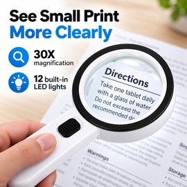 30X Handheld Magnifying Glass for Reading – 12 LED Illuminated Magnifier with 80mm Lens for Jewelry, Coins & Watch Repair