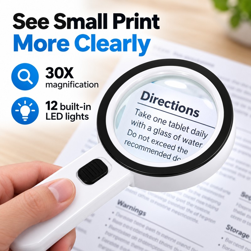 30X Handheld Magnifying Glass for Reading – 12 LED Illuminated