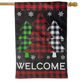Checkered Trees Burlap Winter House Flag Welcome 28" x 40" Briarwood Lane