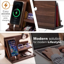 TESLYAR TESLYAR Wood Phone Docking Station for Men - Desktop or Nightstand Organizer - Birthday Gifts for Men, Dad - Anniversary Idea from Wife - Key Holder, Stand Wallet, Watch & Essentials (Antique Brown)