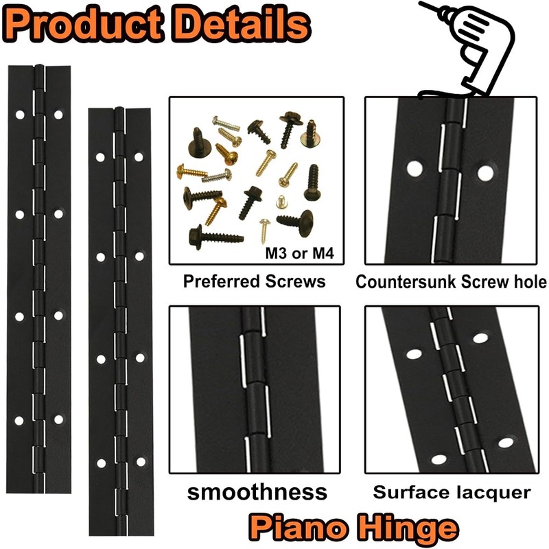 4Pcs 8 Inch Continuous & Piano Hinges, Black Stainless Steel