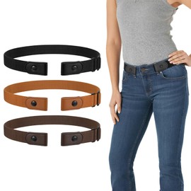 WERFORU 3 Pack No Buckle Invisible Stretch Belt Buckle-Free Elastic Belt for Women and Men，Black+Brown+Coffee-No nickle/metal，Suit for waist size 35"-53"