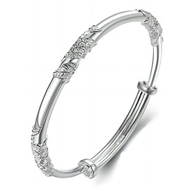 Kim Carrey S925 Silver Bangle Bracelet for Women, Elegant Women‘s Sterling Silver Bracelet Bangle Adjustable 6.4-7.8 inches Small Size (Leaf)