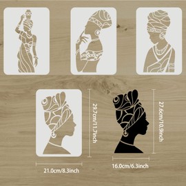 FINGERINSPIRE 4 PCS Tribal Women Stencil 29.7x21cm, Wall Stencils for Painting Reusable Large DIY Art and Craft PET African Tribal for Painting on Wall and Fabric