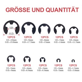 120 Pieces E-Clips Retaining Rings Set, Stainless Steel Retaining Ring Locking Washers E-clip, 10 Sizes M1.5/2/3/4/5/6/7/8/9/10 with Plastic Box, for Shaft Mounting Parts