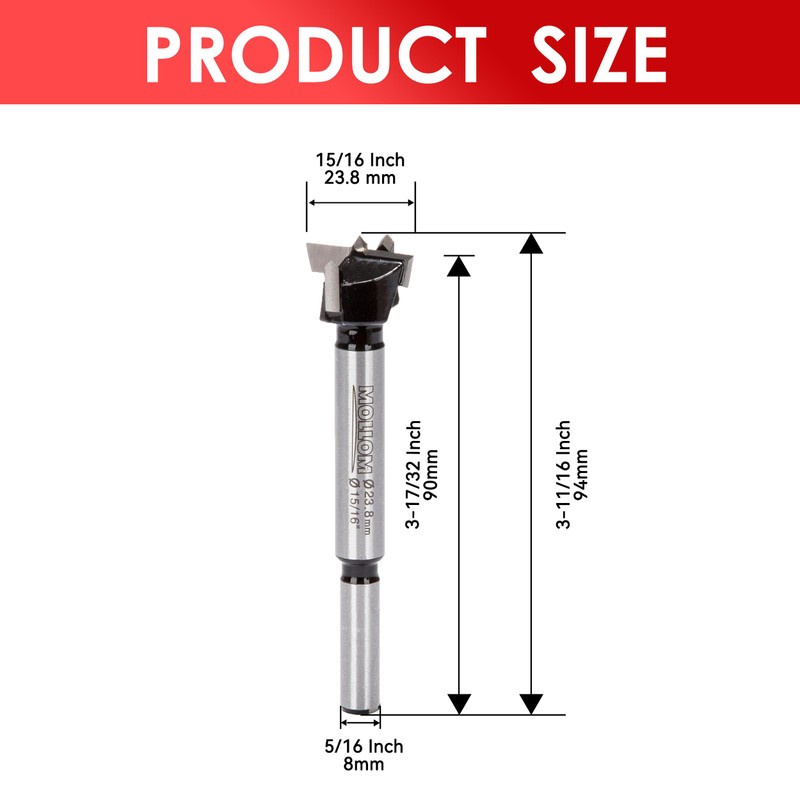 Mollom 15/16" (23.8mm) Forstner Drill Bit for Precise Woodworking with