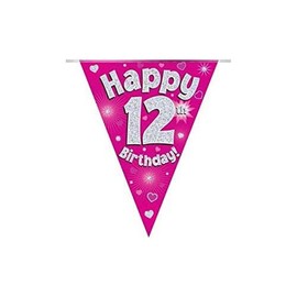 OAKTREE UK 630642 Party Bunting Happy 12th Birthday Pink Holographic 11 Flags 3.9m
