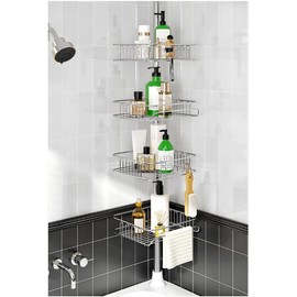 SEIRIONE Rustproof Shower Caddy Corner and Shower Organizer Corner for Bathroom,Corner Shower Caddy Tension Pole with 4 Adjustable Baskets for Shower Accessories, 34 to 116 Inch Height, Stainless