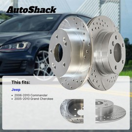 AutoShack Front & Rear Drilled & Slotted Brake Rotors Replacement for 2005-2010 Jeep Grand Cherokee 2006-2010 Commander 3.7L 4.7L 4WD AWD RWD Silver Zinc Coated 4-PC Brake Kit SilverShield Pro