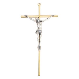 Hanging Brass Cross Crucifix with Pewter Corpus, Religious Wall Decorations for Living Room, 10 Inch