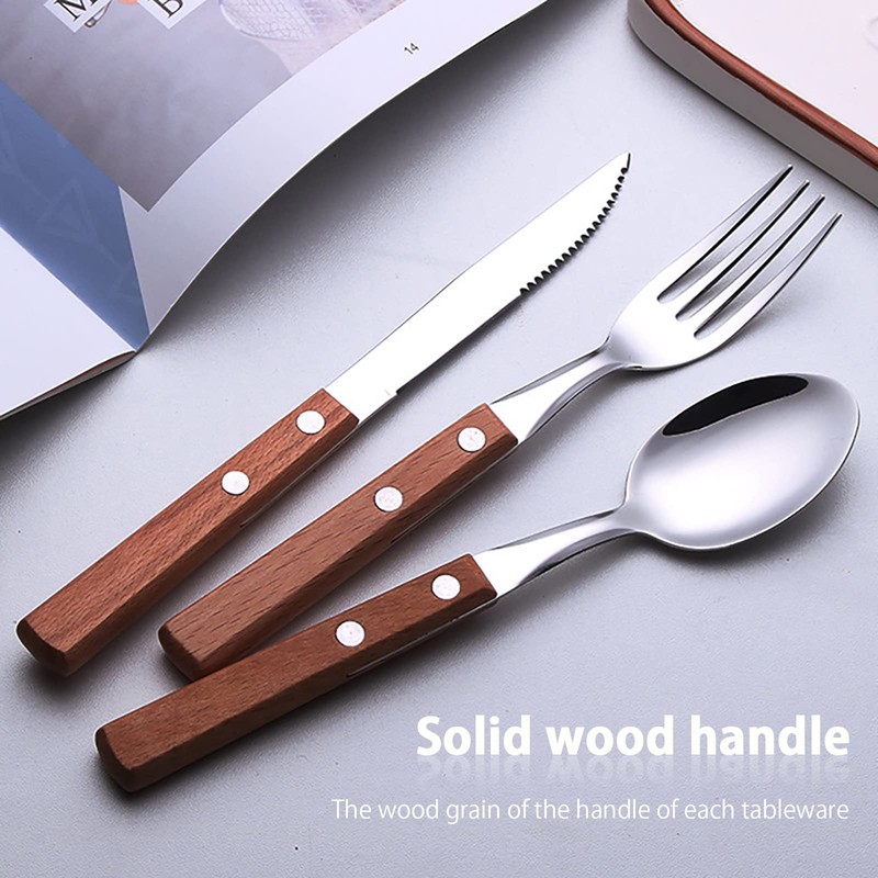 Cutlery Set with Wooden Handle, Shiny Stainless Steel Cutlery Including