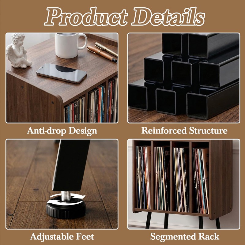 Record Player Stand with 4 Cabinets, Walnut