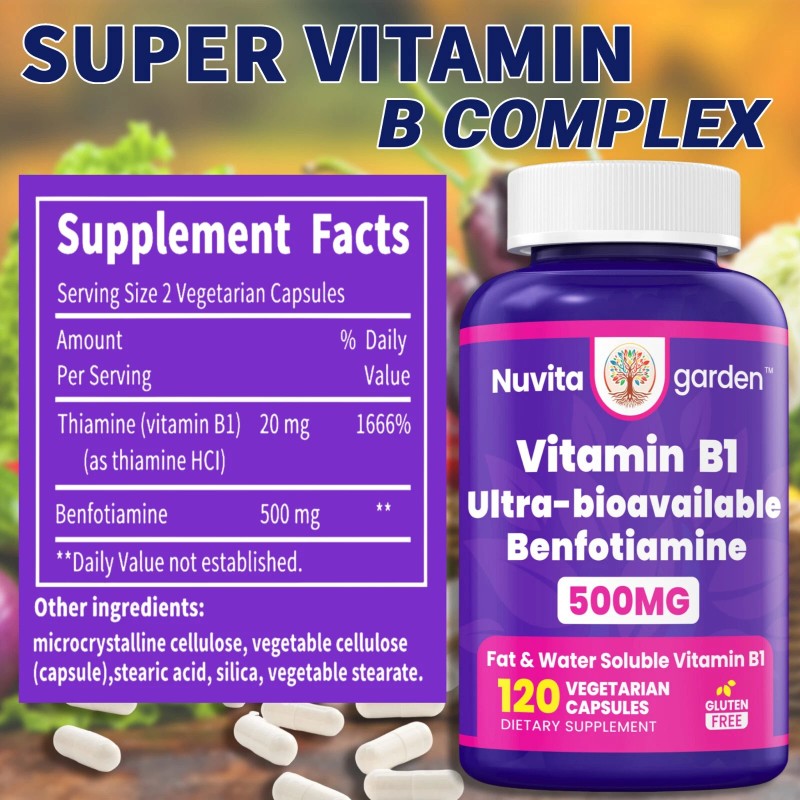 NuvitaGarden Vitamin B1 Extra Strength 500 MG High Potency Non-GMO,