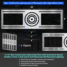 New Construction Mounting Plate, 3-4-6 Inch, LED Recessed Lighting Housing Kits for remodeling, Basement remodeling, Hanging Ceiling and LED Lighting, Shallow Recessed Lighting Housing Plate,10PC