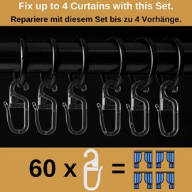 Curtain Hooks for Curtain Rings, 60 Pieces, with Diameter 6 mm Eyelet, for Curtain Rings up to 6 mm Thick, in Transparent, Curtain Rings Hooks for Hanging, Folding Hooks for Curtain Rings, Curtain