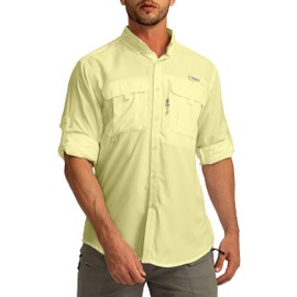 Men's Sun Protection Fishing Shirts Long Sleeve Travel Work Shirts for Men UPF50+ Button Down Shirts with Zipper Pockets(Lemon X-Large)