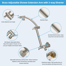 Hibbent All Metal Upgraded 16 Inch Shower Head Extension Arm with 3-way G1/2 Shower Diverter Valve, Brass Flexible Height & Angle Adjustable Stainless Steel Shower Extender, Brushed Nickel