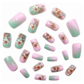 24 Pcs Pink White Gradient Flower Press on Nails Short Square Shaped Fake Nails with Floral Designs Purple Blue Glossy Full Cover Spring Flower Acrylic Nails Stick on Nails for Women Nail Art DIY